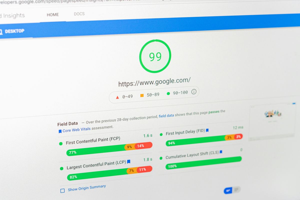 A laptop screen showing Google Pagespeed Insights. 