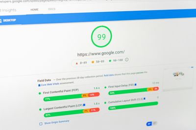 A laptop screen showing Google Pagespeed Insights. 